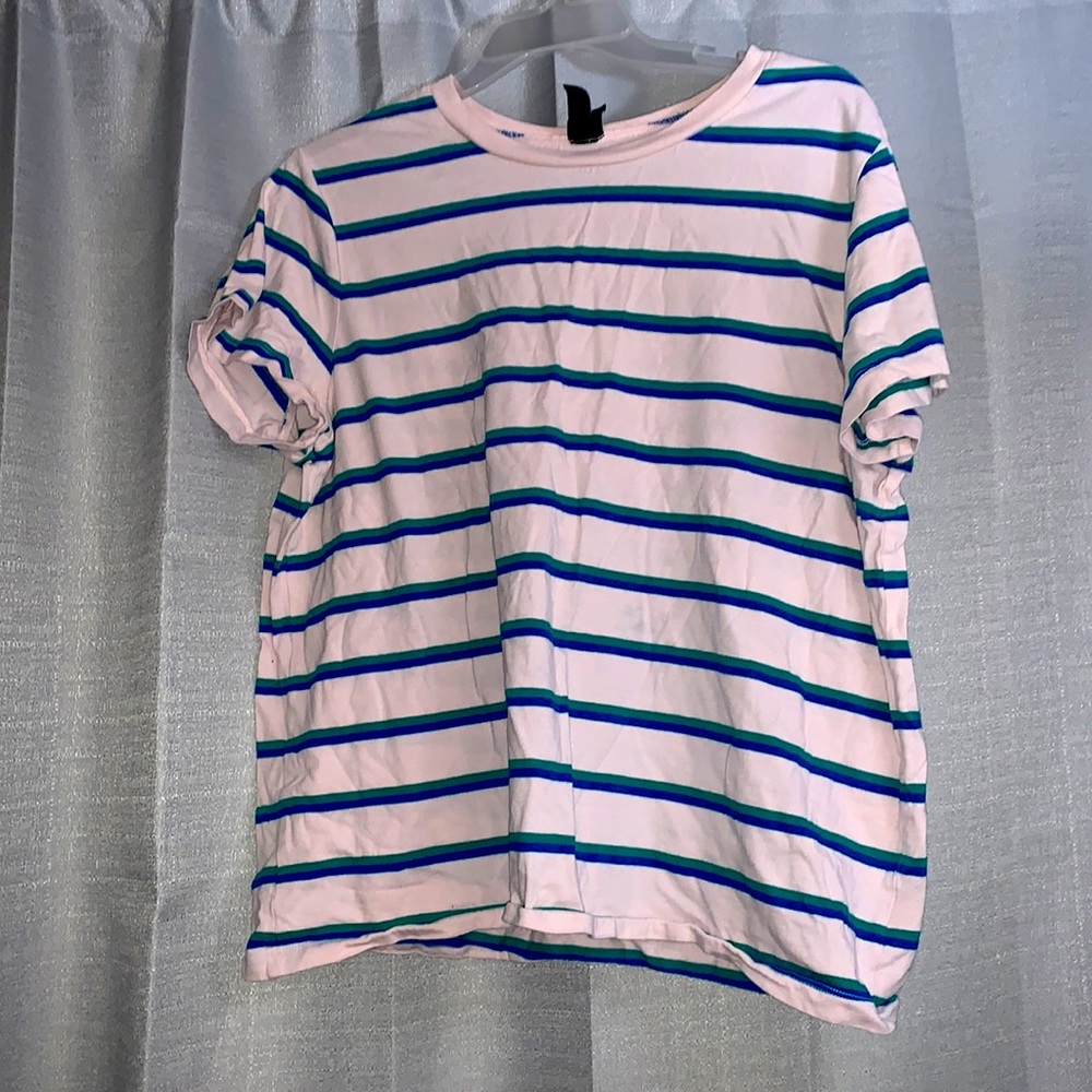 Pink T-shirt with Blue and Green Stripes